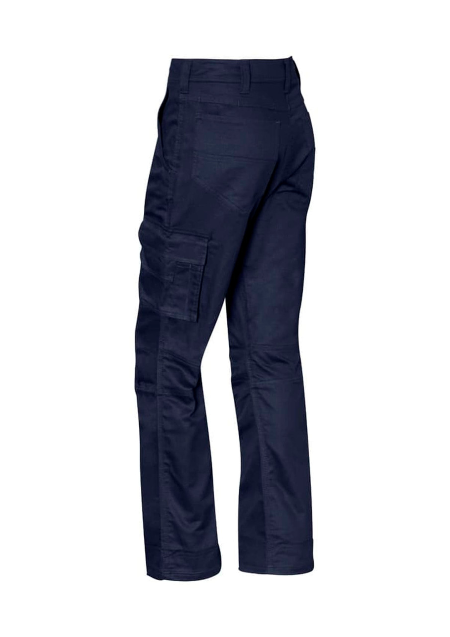 A pair of women's rugged cargo pants in navy blue, featuring multiple pockets and a relaxed fit.
