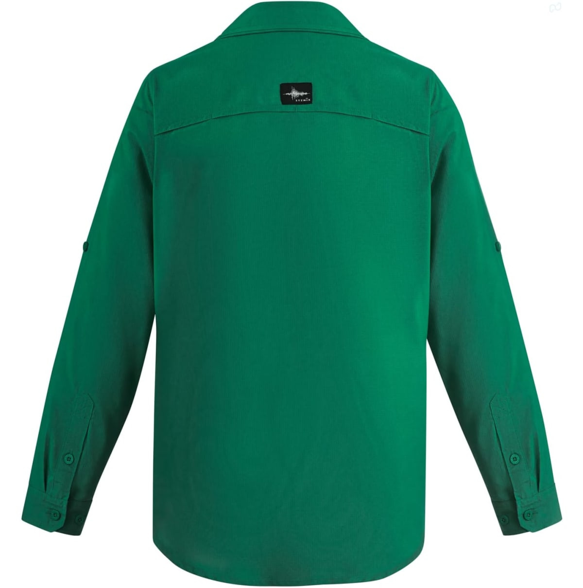 A green long sleeve shirt with a button-up front and a logo on the back.