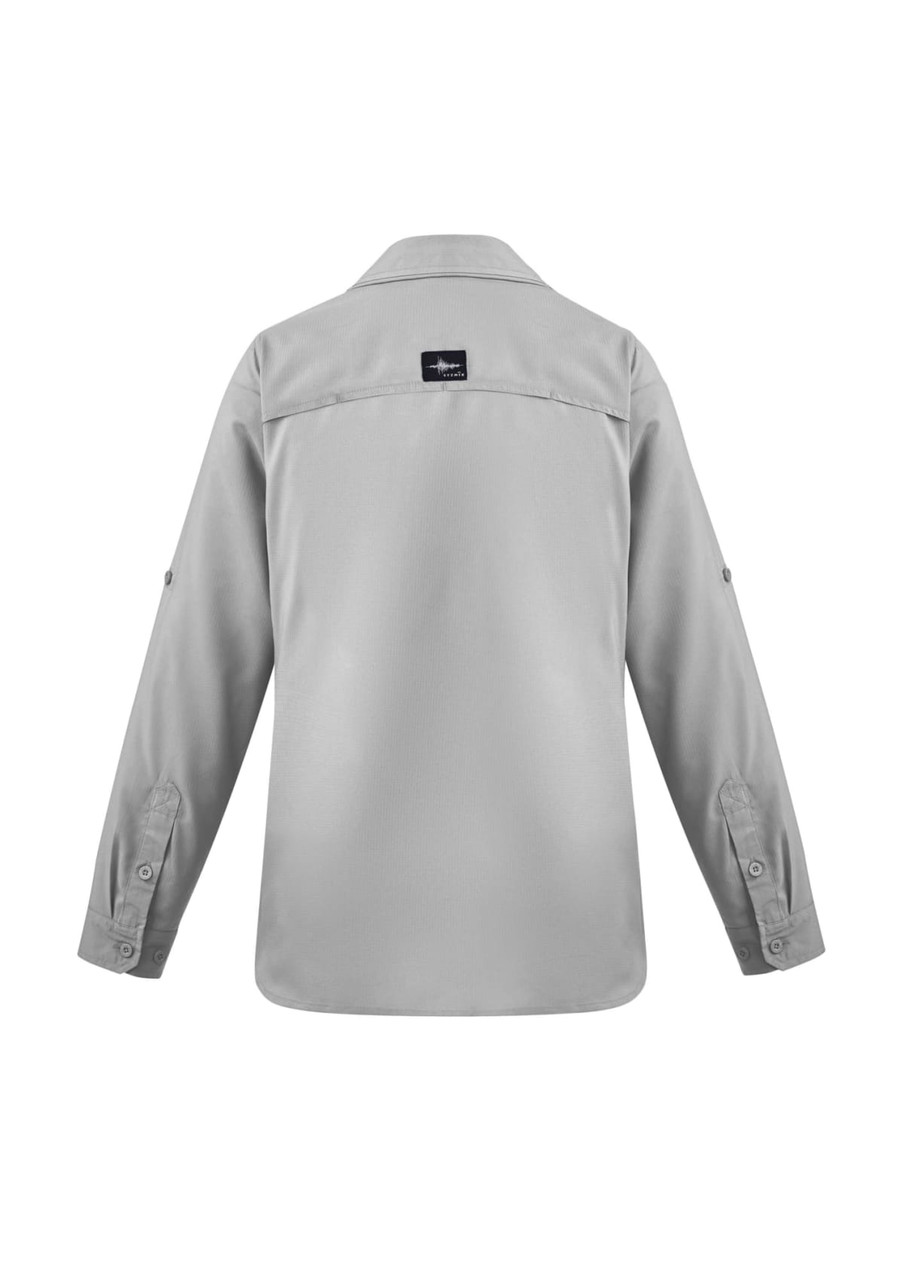A women's long sleeve button-up shirt in grey, featuring a logo on the back.