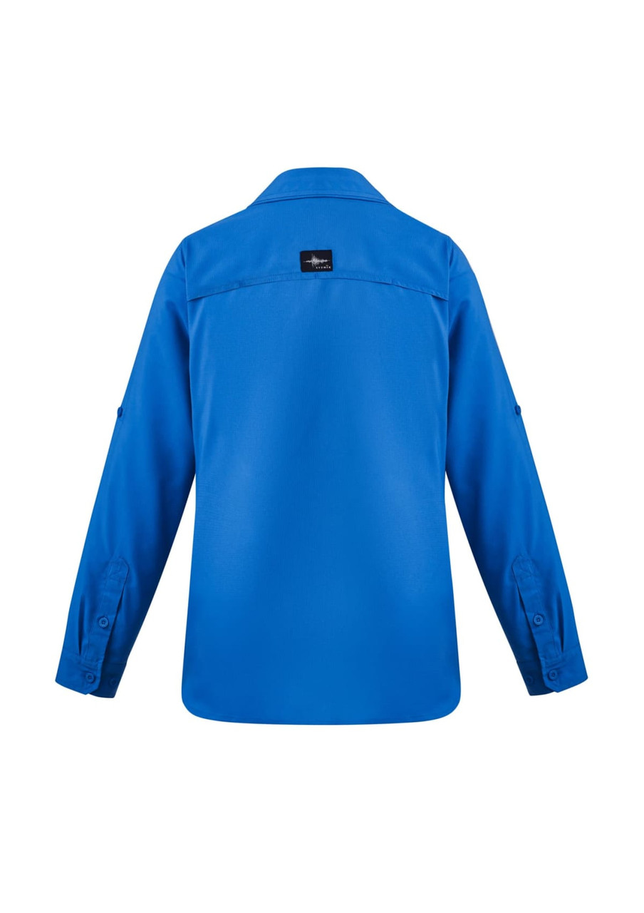 A long sleeve button-up shirt in bright blue, featuring a logo on the back.