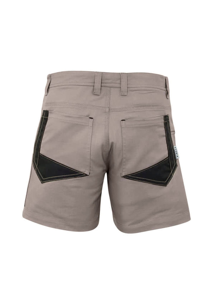 Men's rugged dress shorts in a light grey colour with contrasting black detailing on the back pockets. Features a logo.