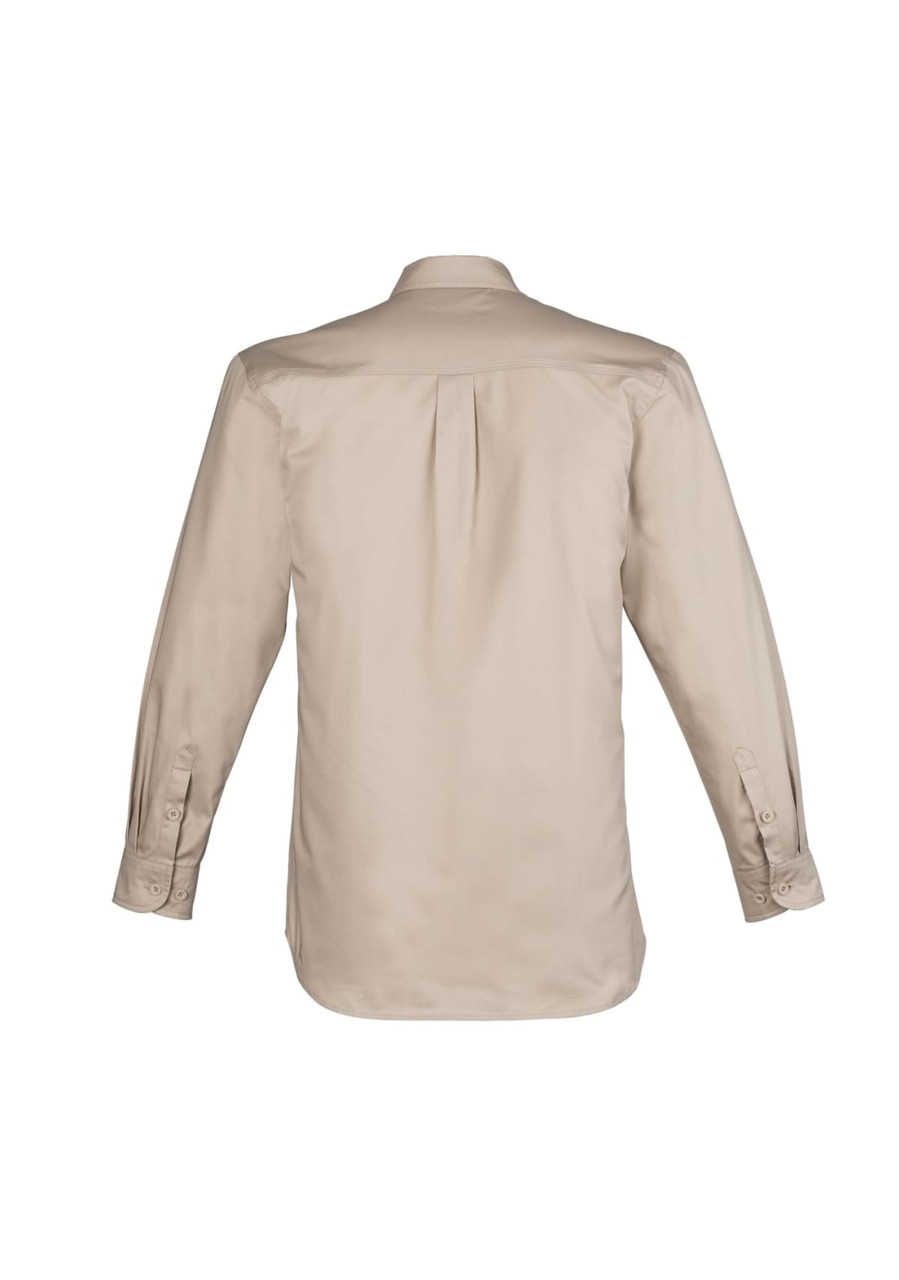 A beige long sleeve shirt with a back pleat and buttoned cuffs, featuring a logo. Ideal for workwear.