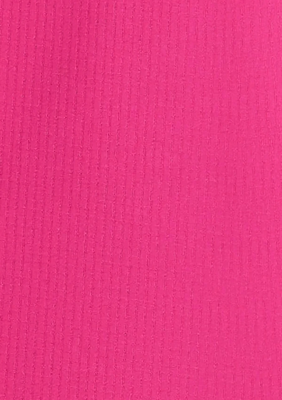 A vibrant pink short sleeve shirt with a ribbed texture. Features a logo on the front.