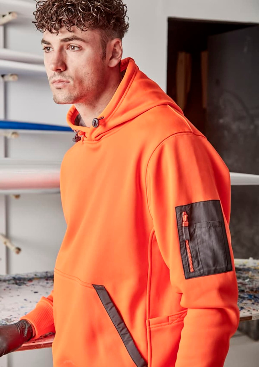 A bright orange unisex water-resistant hoodie with a hood and a pocket on the sleeve, featuring a logo.
