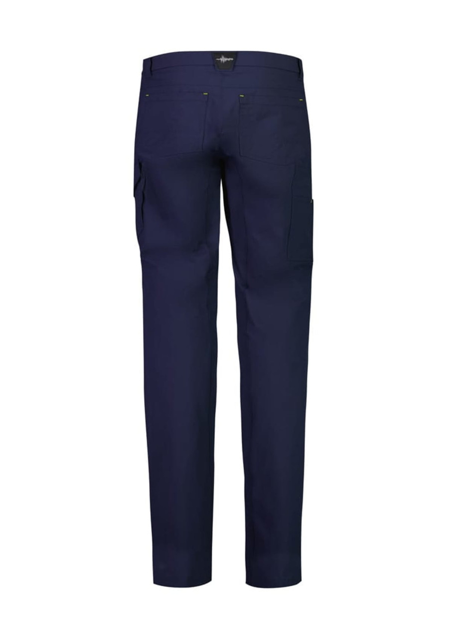 Men's lightweight outdoor cargo pants in navy, featuring a logo and multiple pockets at the back.