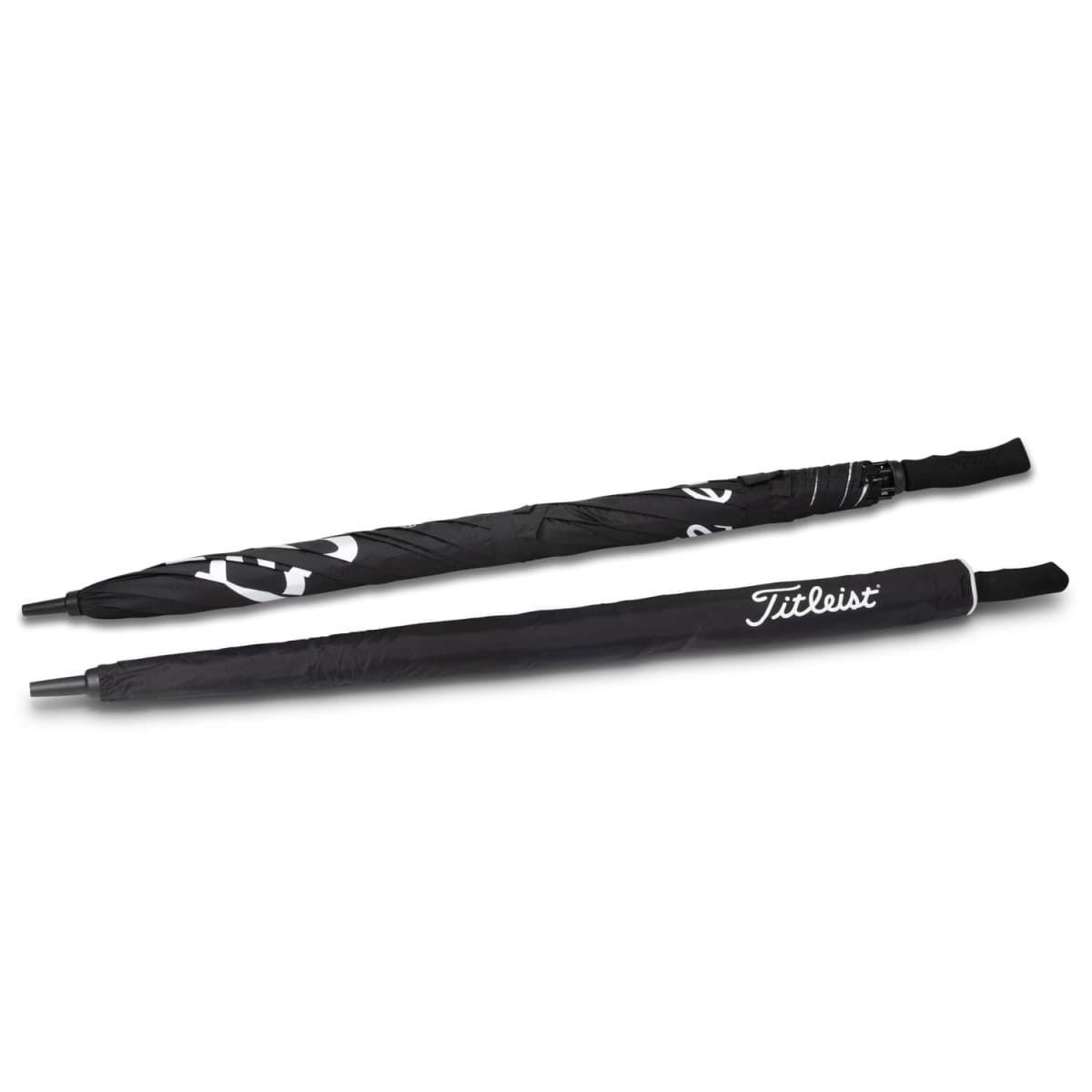 A black double canopy golf umbrella with a branded handle, featuring a sleek design and a prominent logo.