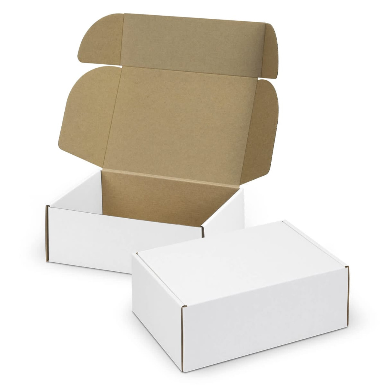A white die cut box with a locking lid, featuring an open and closed view, made from sturdy material.