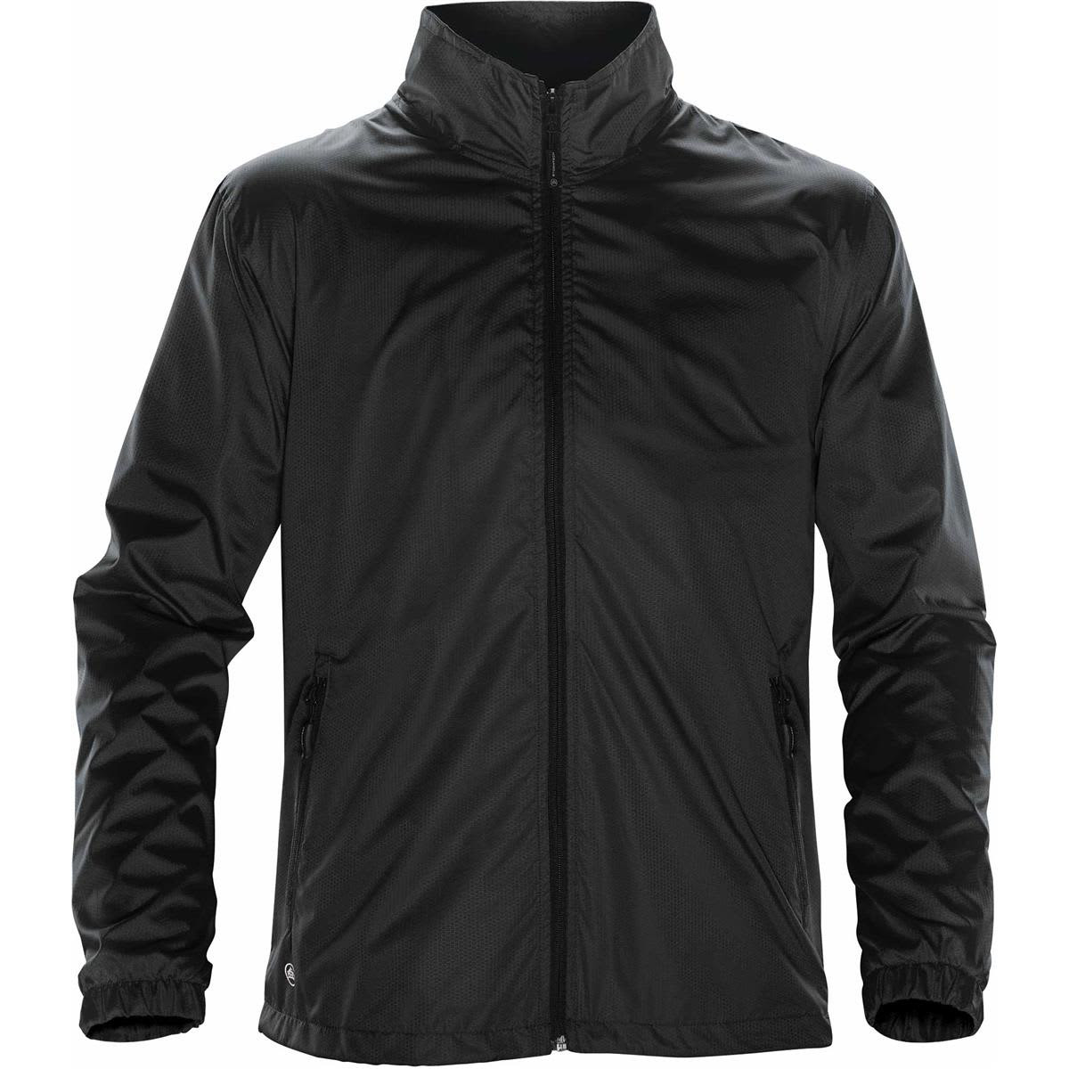 A black jacket featuring a zip front, a collar, and pockets, with a logo on the left side.