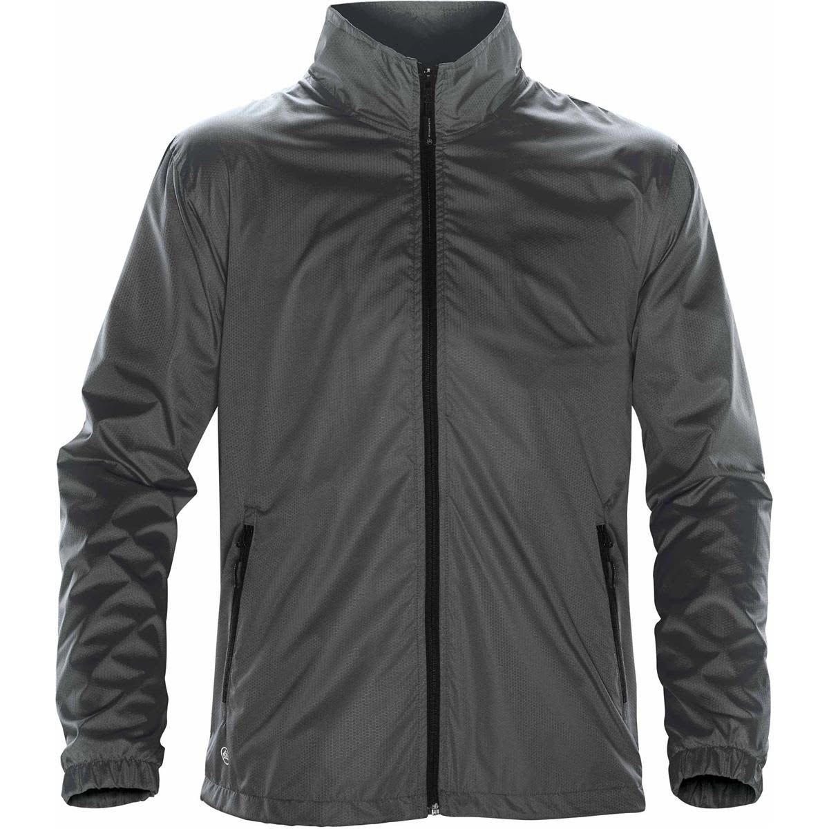A men's grey jacket with a zip front, standing collar, and side pockets. It features a branding logo.