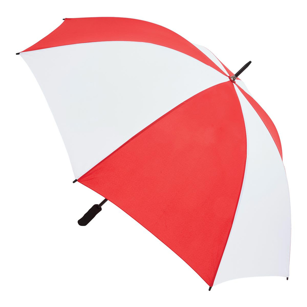 A red and white umbrella with a black handle and a small logo on the canopy. A red and white umbrella with a black handle and a small logo on the canopy.