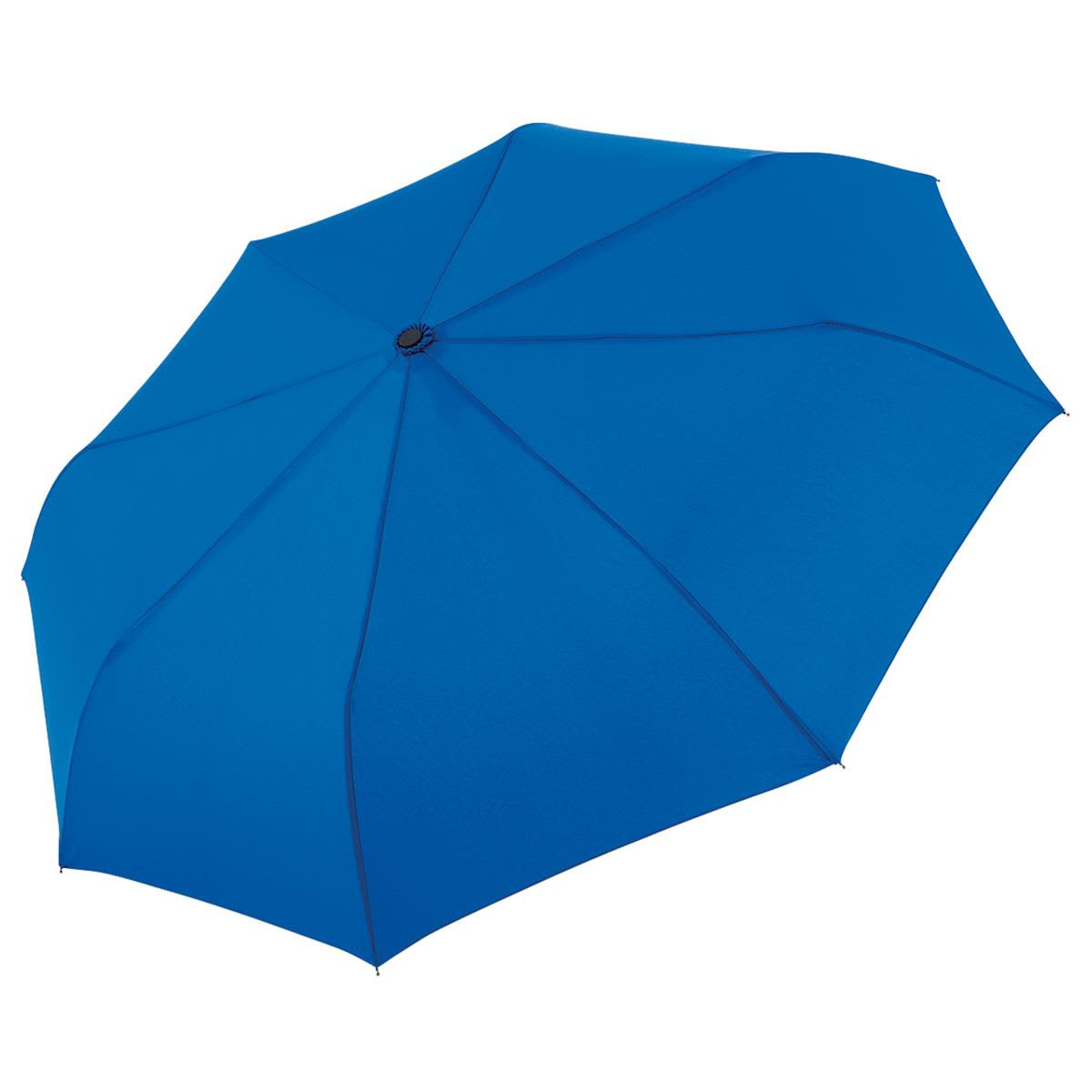 A blue compact umbrella with a smooth canopy and a central button for opening and closing. It has a logo on the handle.