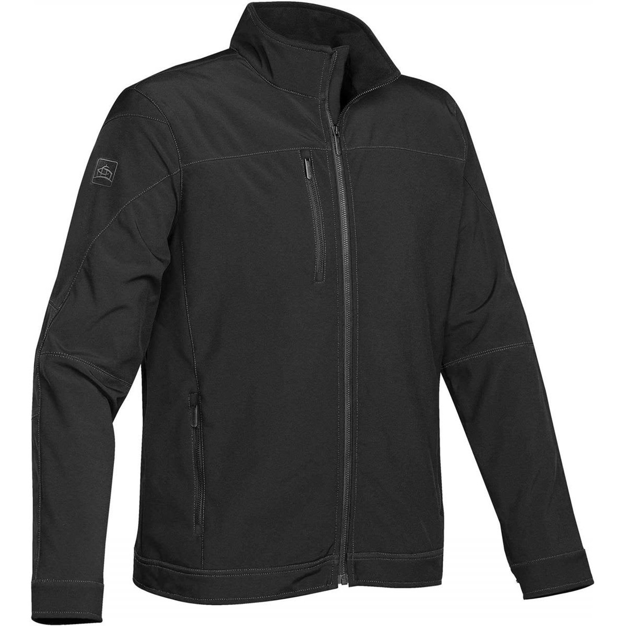 A men's soft tech jacket in black with a zip front and multiple pockets. It features a logo on the sleeve. A men's soft tech jacket in black with a zip front and multiple pockets. It features a logo on the sleeve.