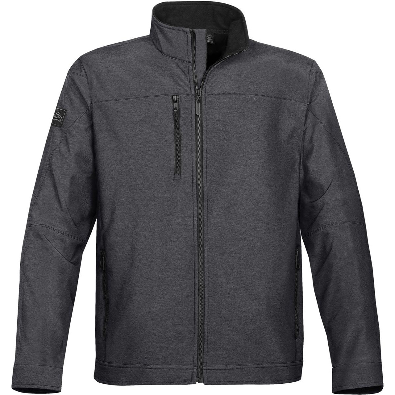 A grey men's soft shell jacket with a zippered front and multiple pockets. It features a logo on one sleeve. A grey men's soft shell jacket with a zippered front and multiple pockets. It features a logo on one sleeve.