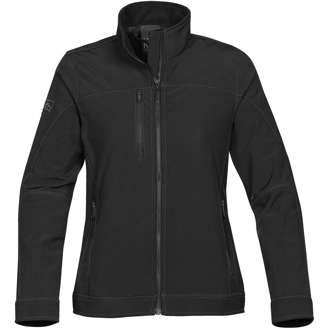 A black women's soft shell jacket featuring a zip front and side pockets, with a logo on the sleeve. A black women's soft shell jacket featuring a zip front and side pockets, with a logo on the sleeve.