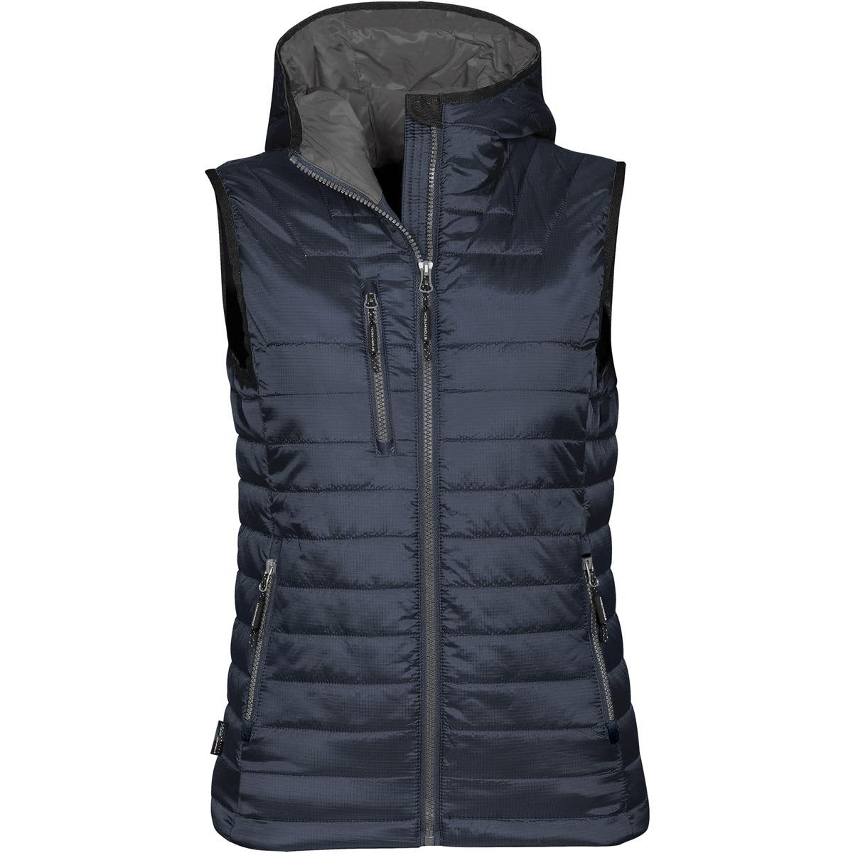 A navy women's thermal vest with a zip front, hood, and multiple zippered pockets. It features a logo on the side.