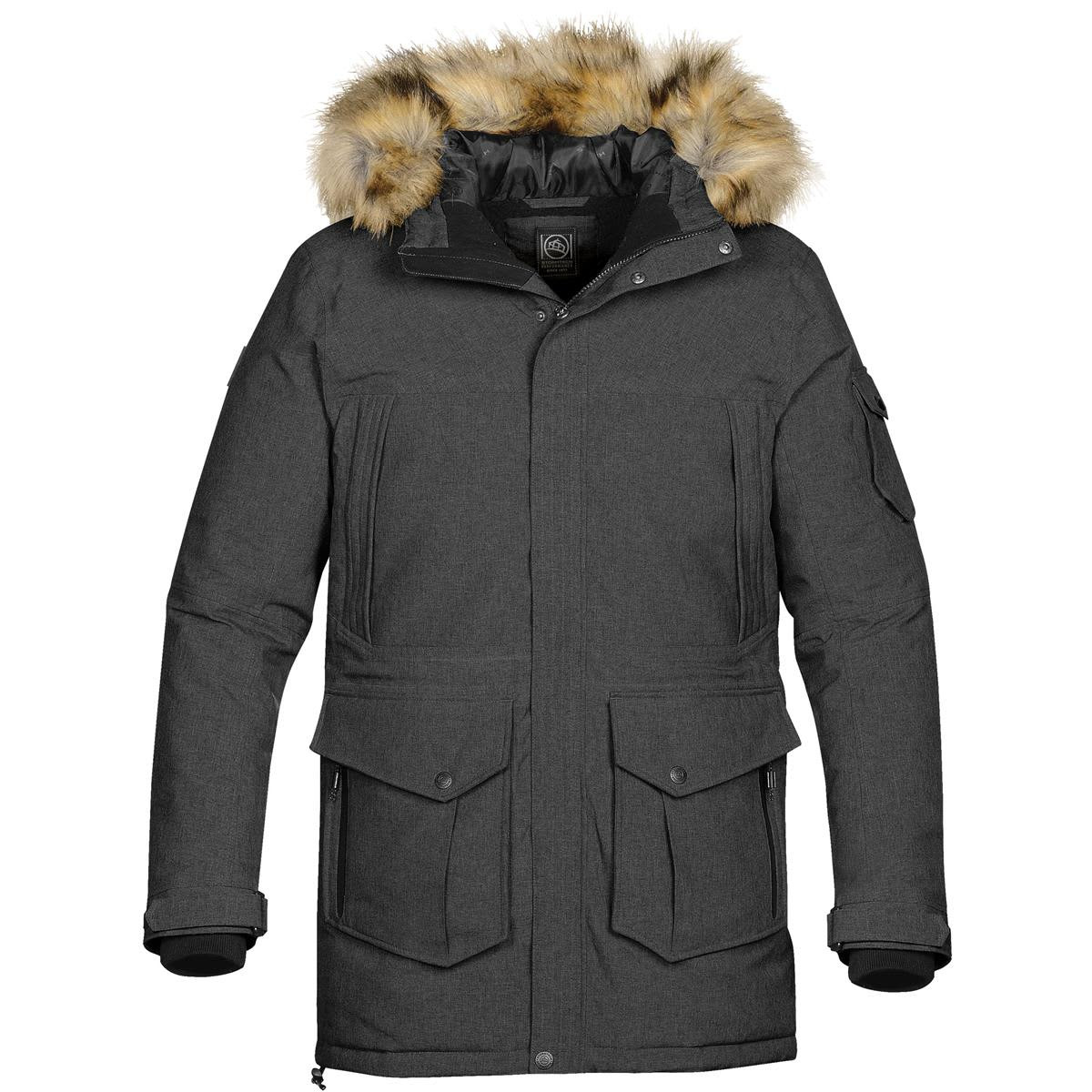 A grey men's expedition parka featuring a fur-lined hood and multiple pockets. The jacket has a logo on it.