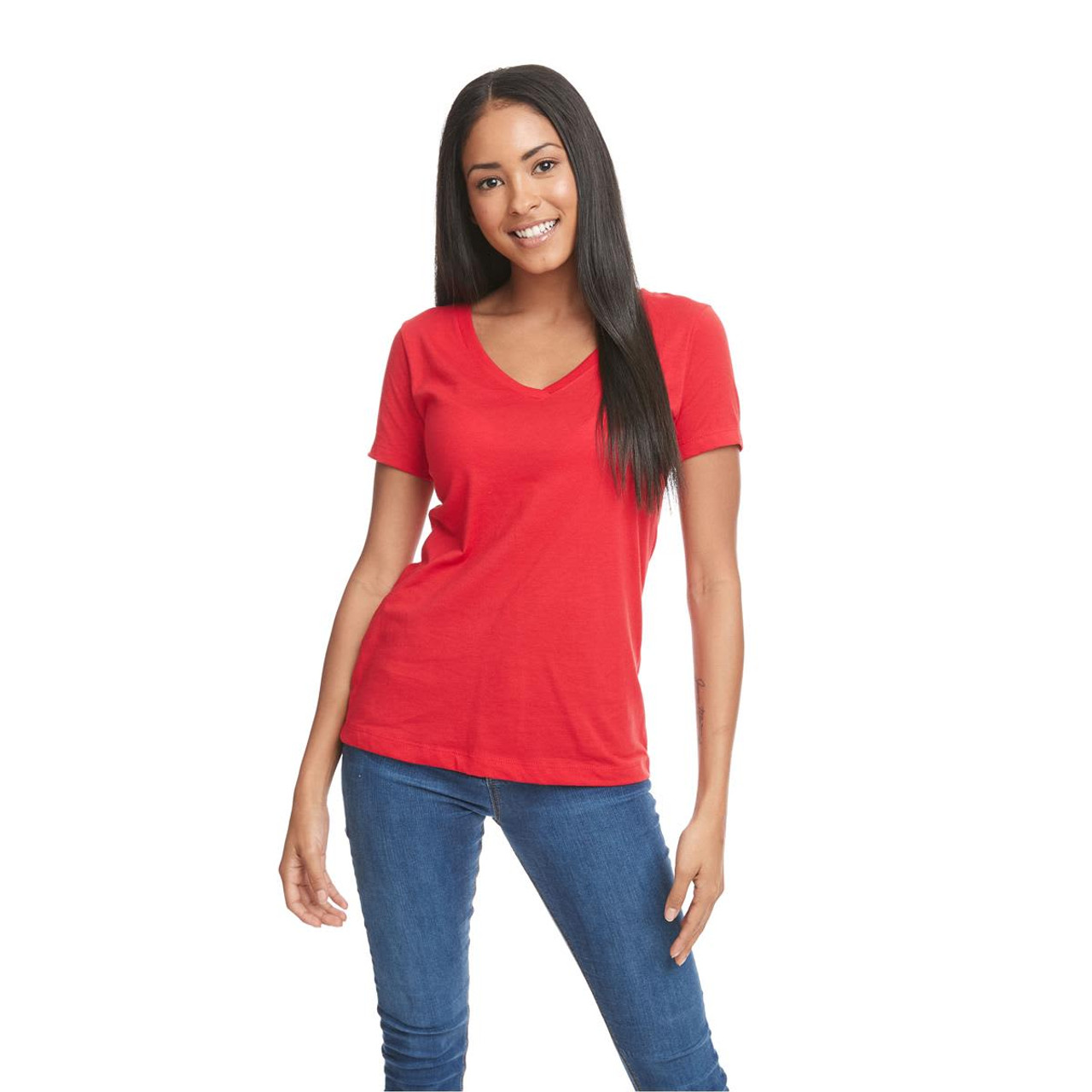 A red women's t-shirt featuring a V-neck and short sleeves, displayed by a model against a white background.