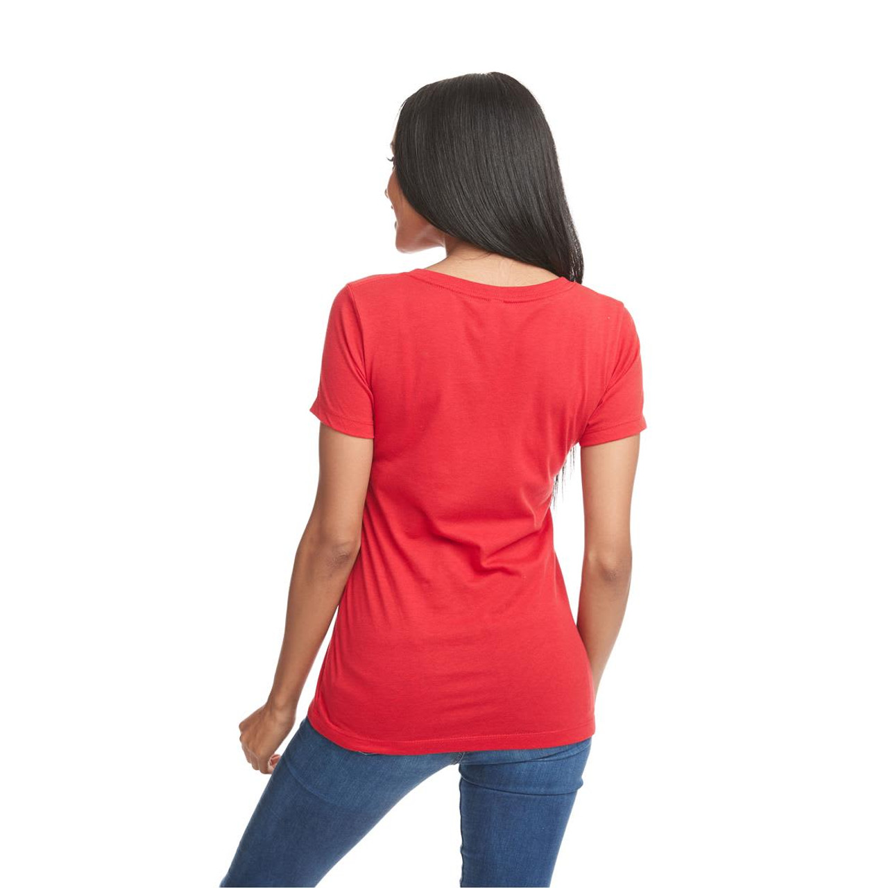 A red women's t-shirt with short sleeves, featuring a fitted design and a back view. It has a logo.
