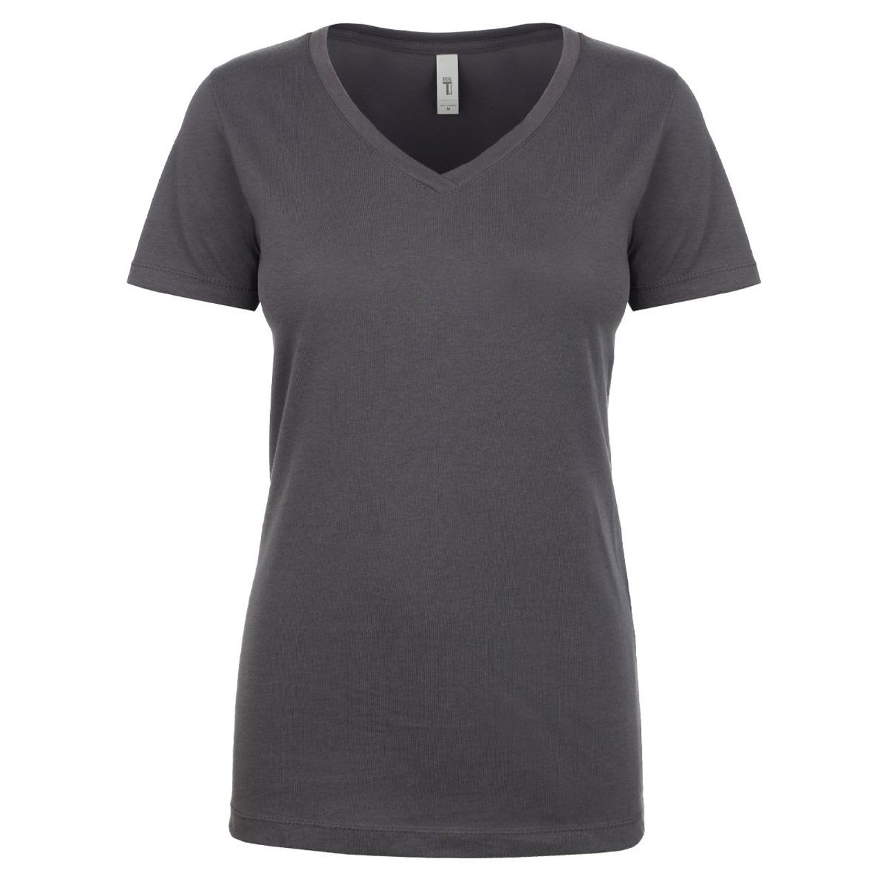 A women's grey V-neck t-shirt with short sleeves and a fitted design, featuring a logo.