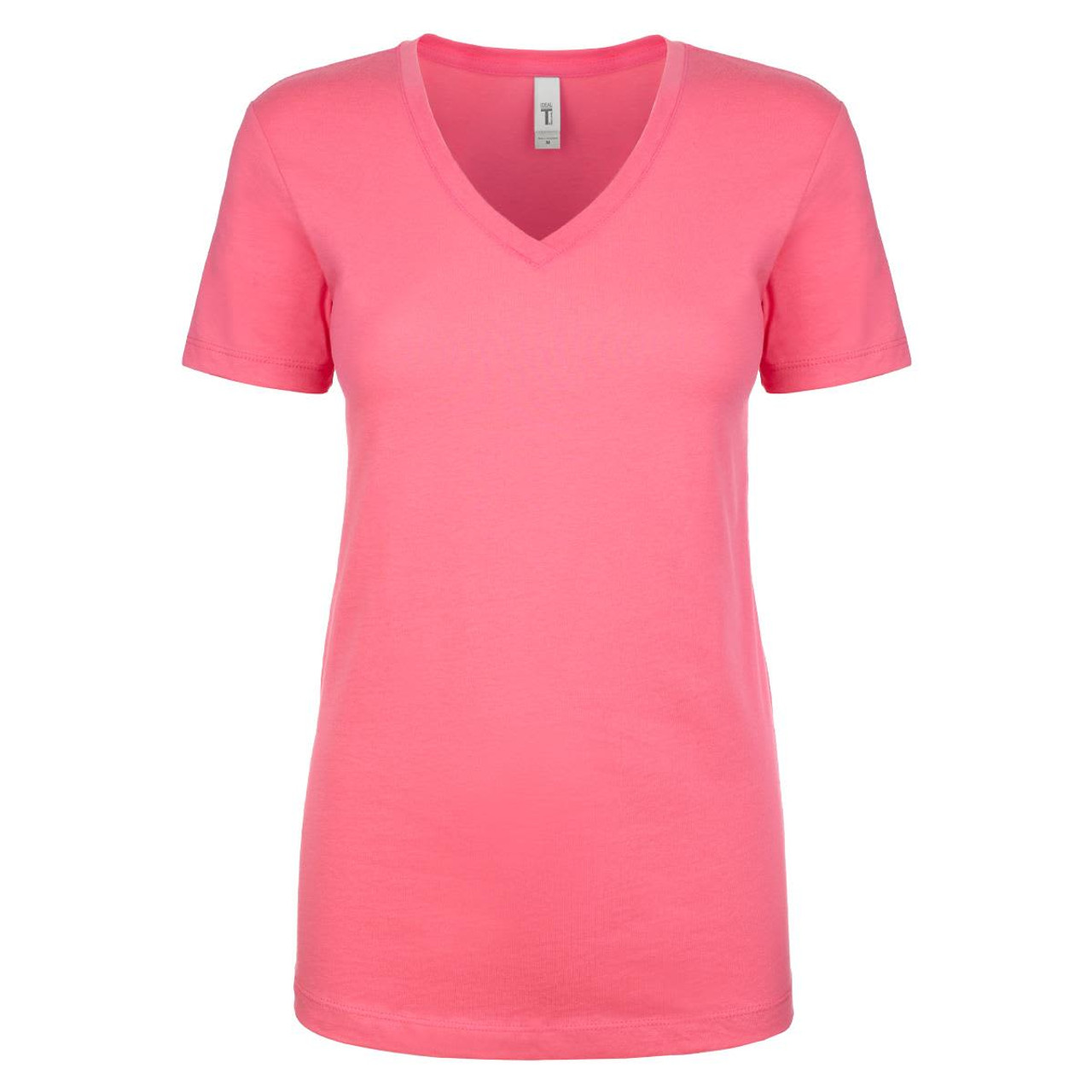 A pink women's T-shirt featuring a V-neck design and short sleeves. The shirt has a branding label.