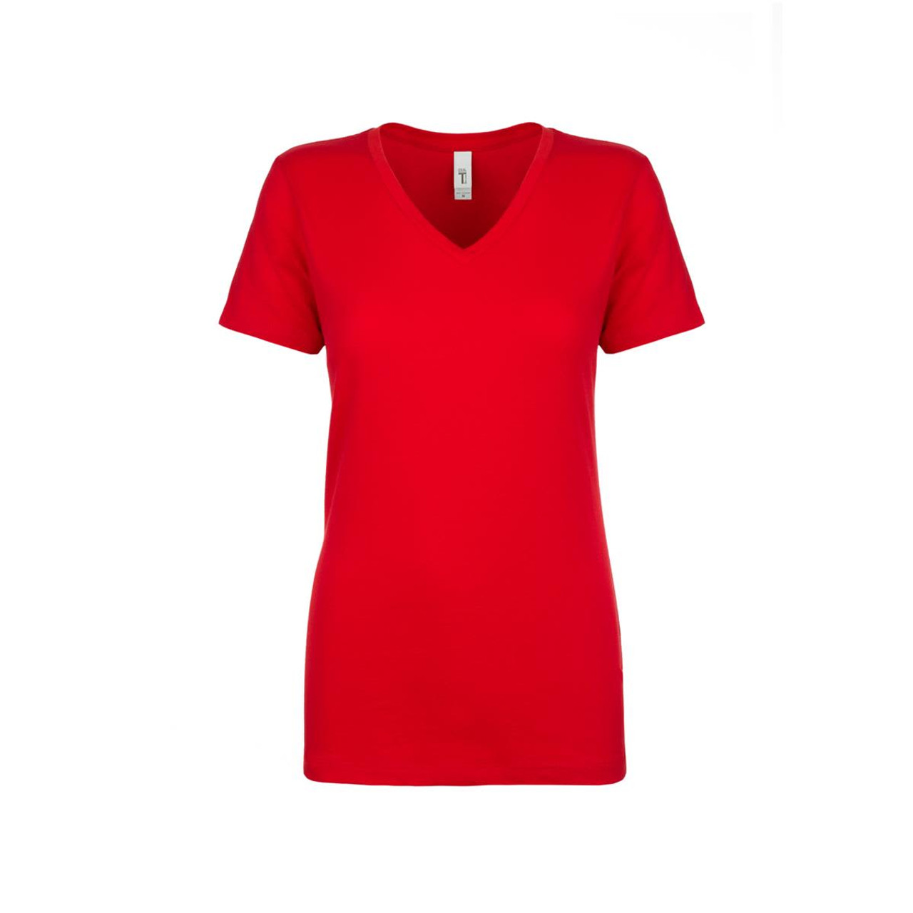 A red women's t-shirt with a V-neck and short sleeves, featuring a logo on the label.