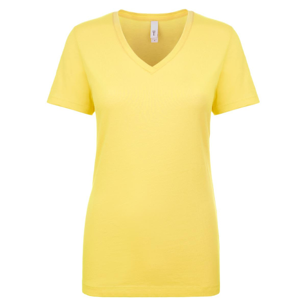 A women's yellow t-shirt with a V-neck and short sleeves, featuring a logo.