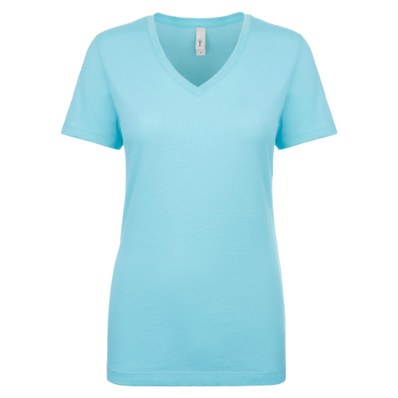A light blue women's T-shirt with a V-neck and short sleeves. The shirt features a logo on the label.