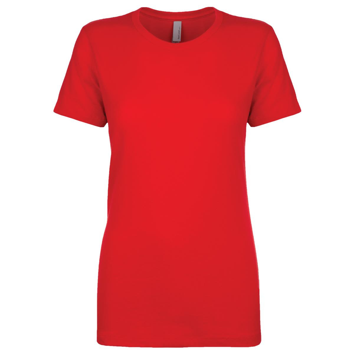 A red women's boyfriend tee featuring short sleeves and a classic crew neckline. It includes a branding label.