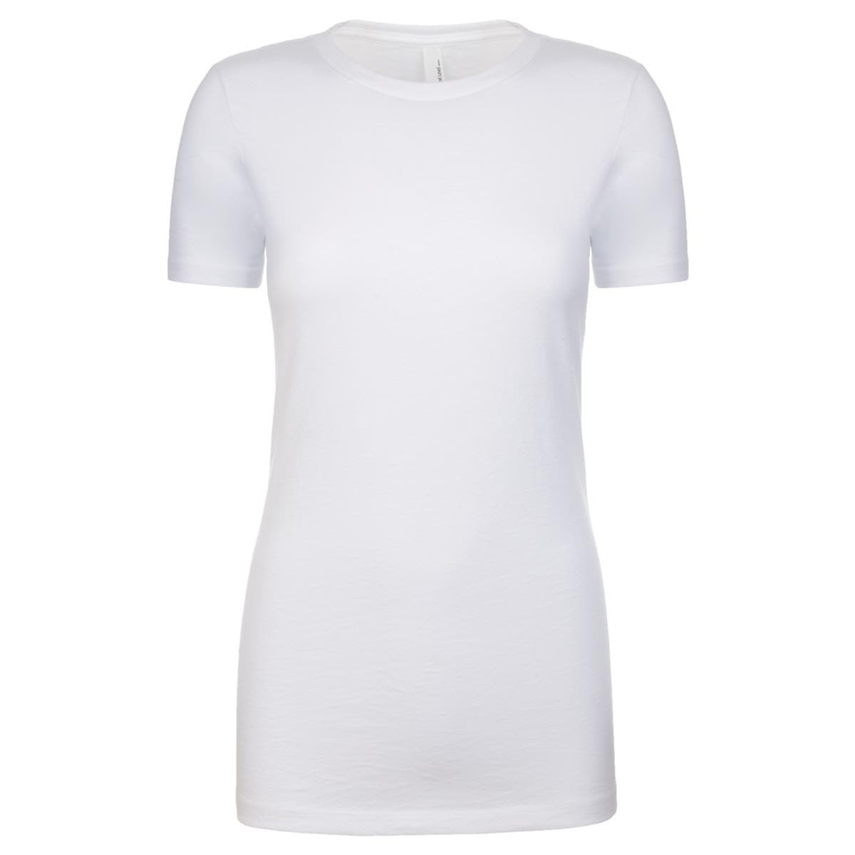 A white women's crew neck t-shirt with short sleeves and a fitted design. It features a simple logo.