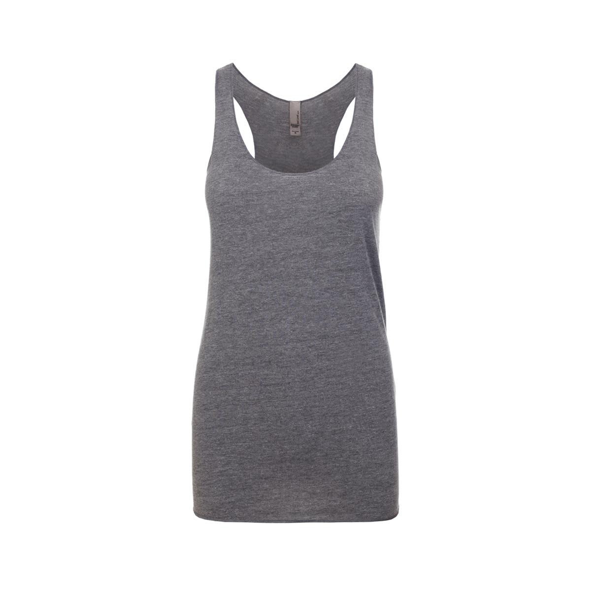 A grey women's tri-blend racerback tank top featuring a logo on the label.