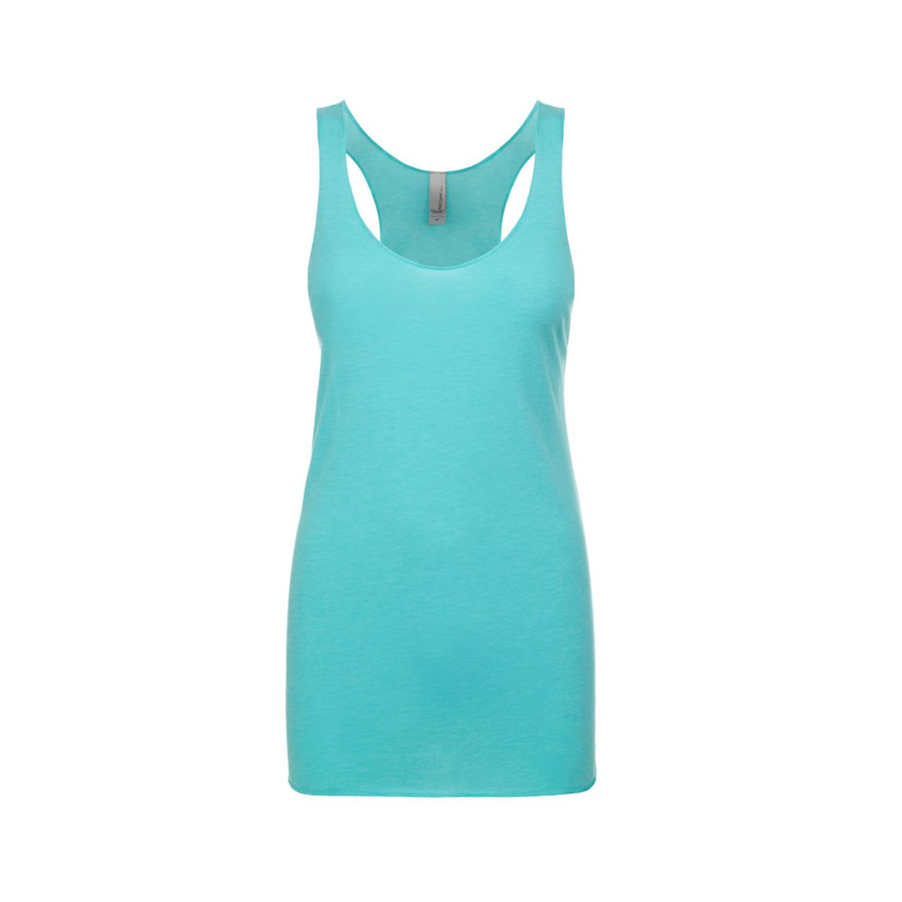 A turquoise women's tri-blend racerback tank top with a scoop neckline and a logo.