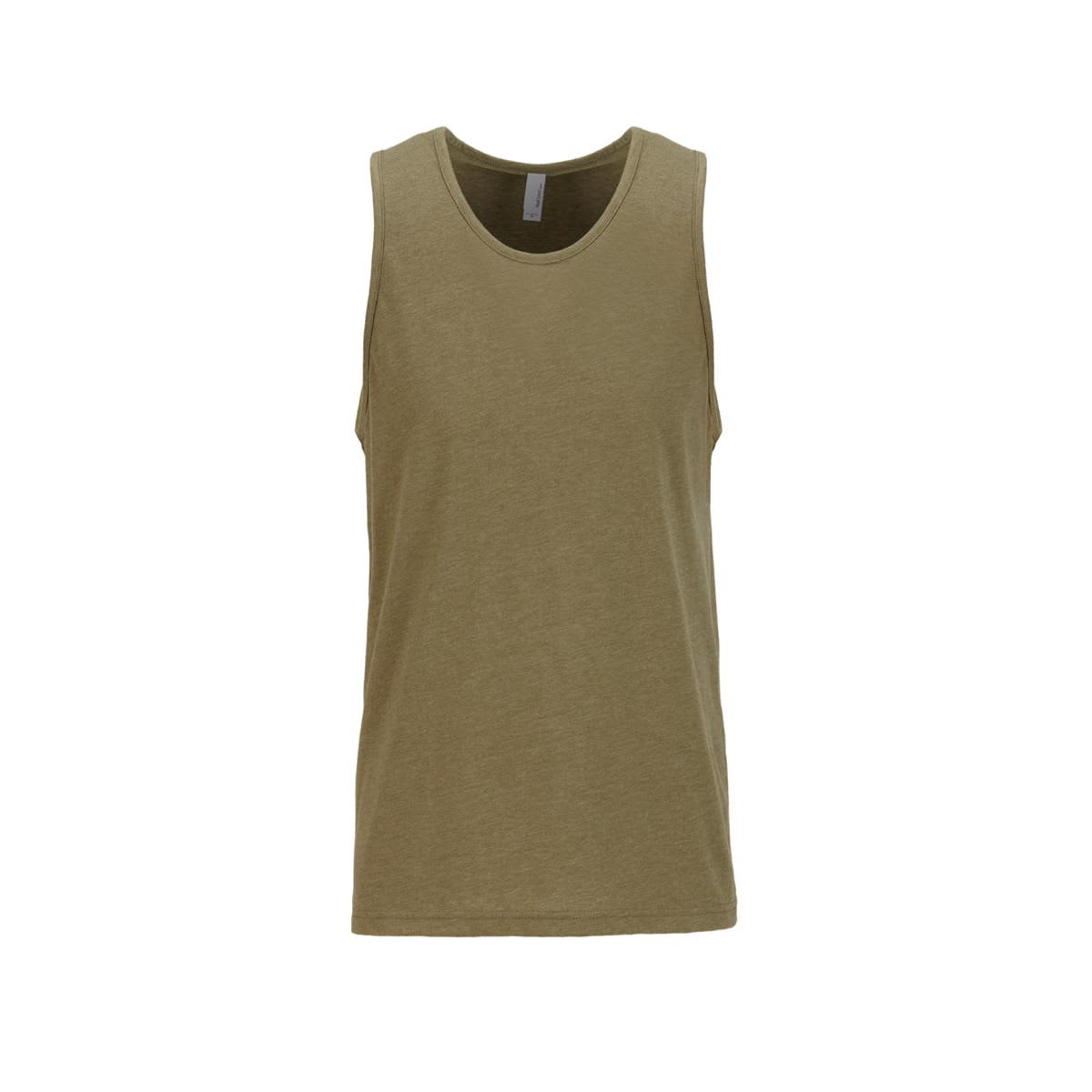 A men's olive green tank top with a round neckline, featuring a logo on the label.