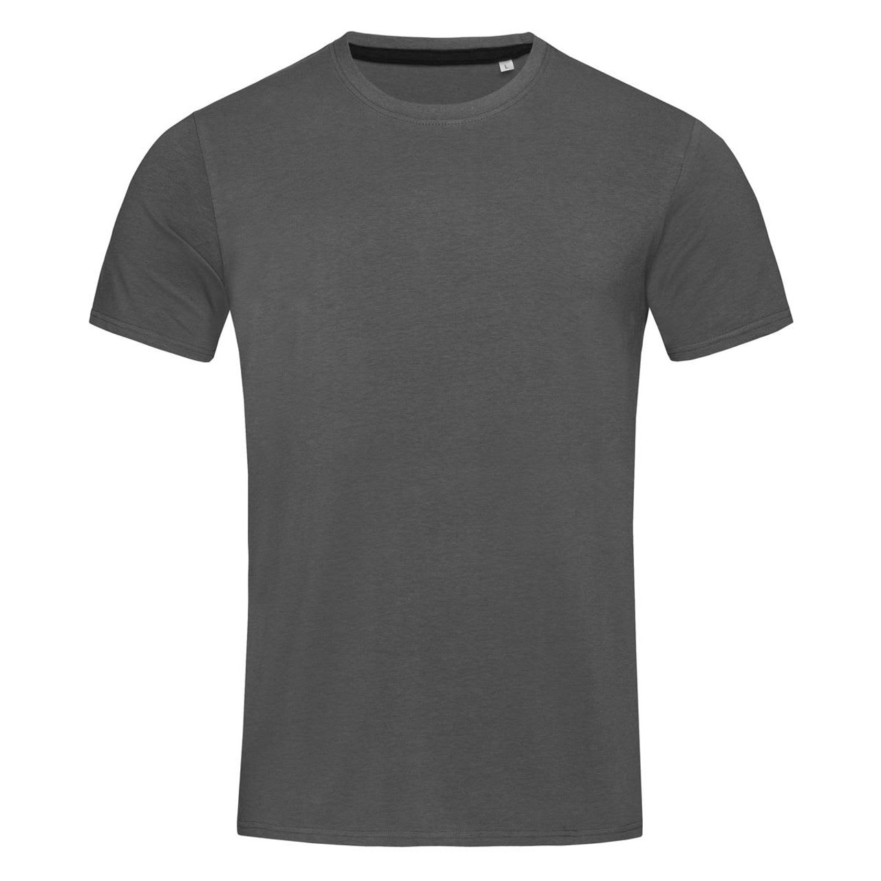 A grey crew neck t-shirt with short sleeves, featuring a subtle logo.