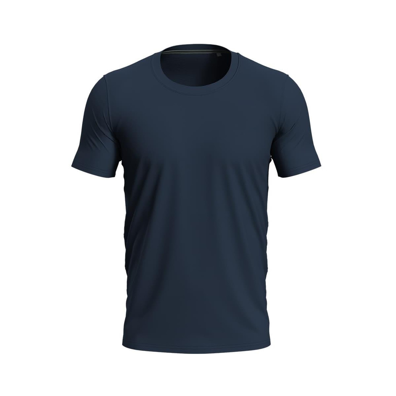 A navy blue crew neck t-shirt with short sleeves and a fitted design. Features a logo.