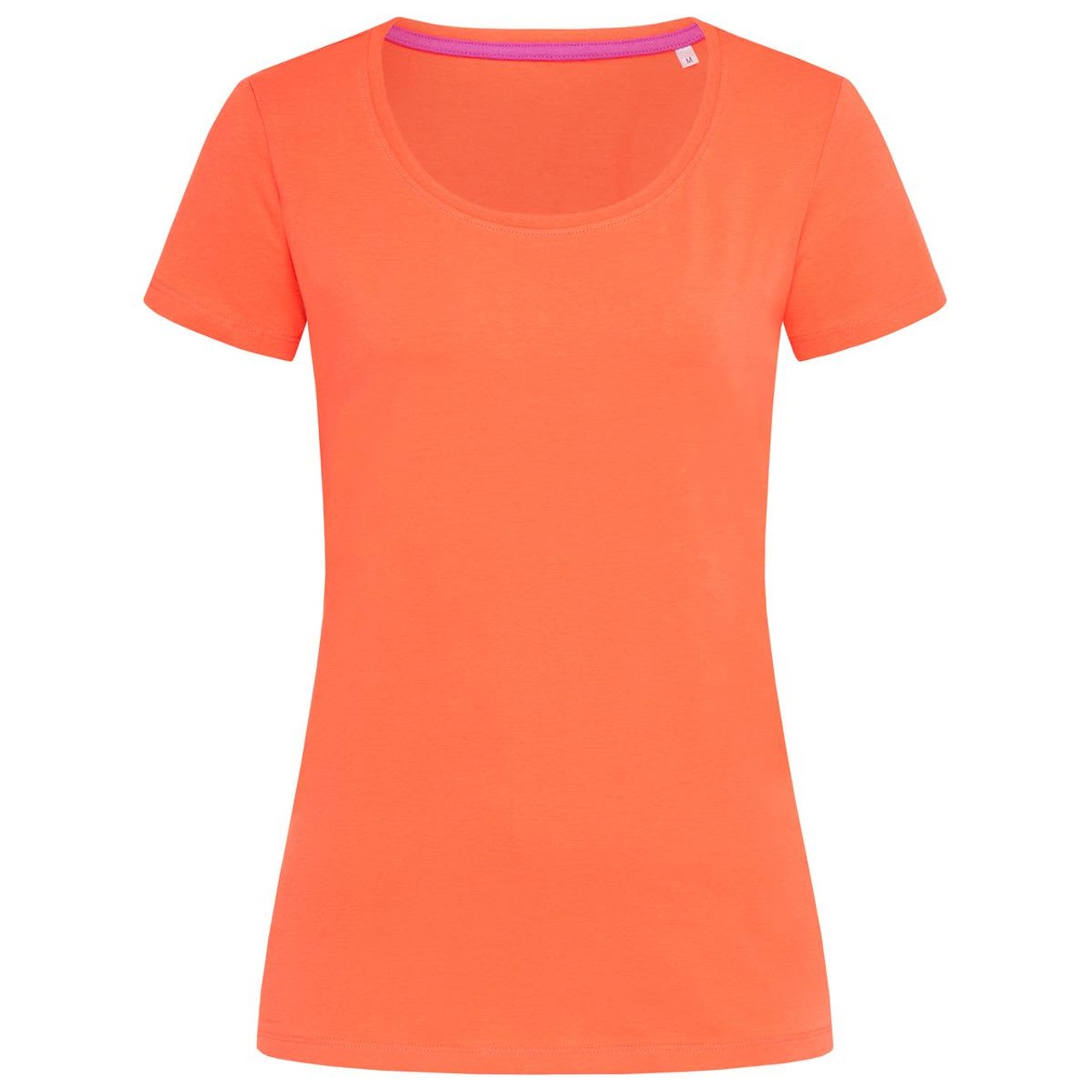 A women's crew neck t-shirt in vibrant orange with short sleeves and a scoop neckline, featuring a logo.