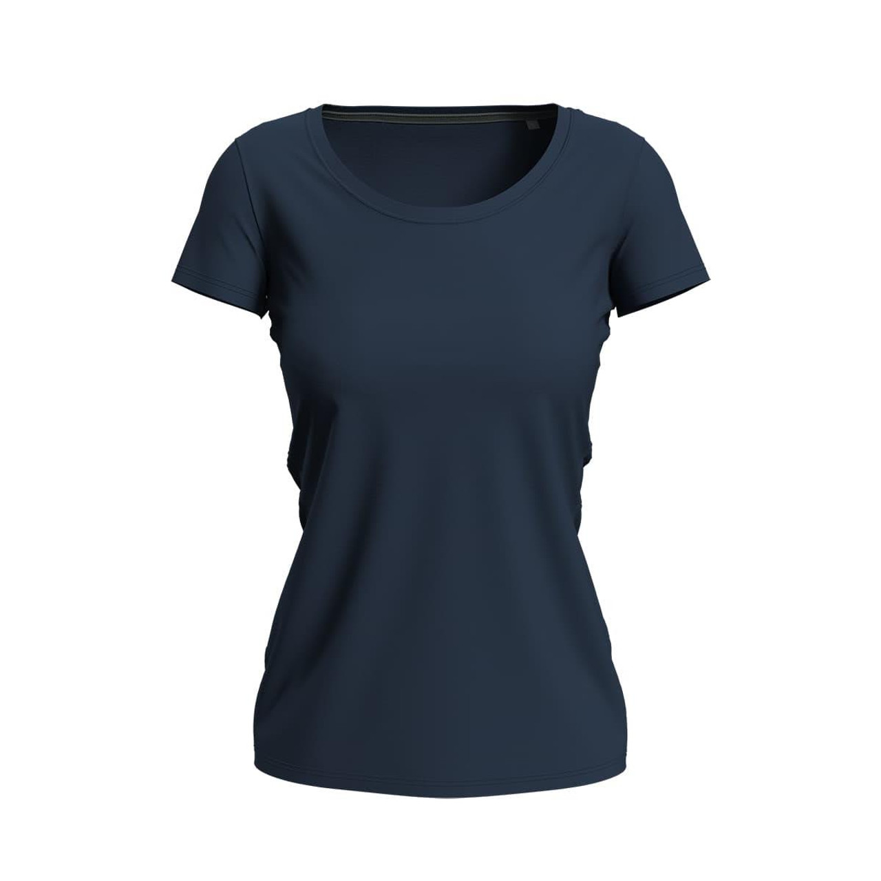 A women's crew neck t-shirt in navy blue with a fitted design and short sleeves, featuring a branding logo.