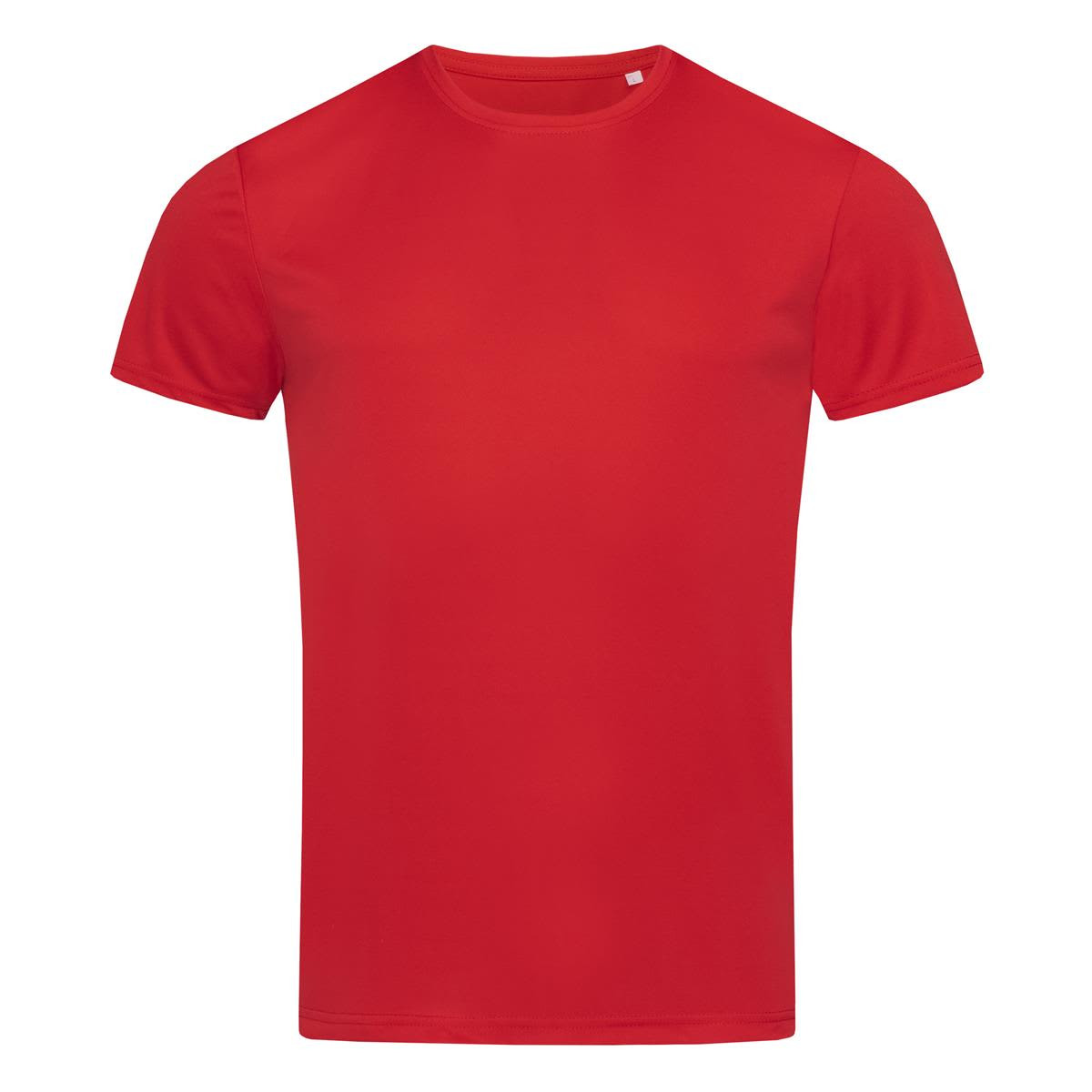 A vibrant red men's active sports T-shirt with short sleeves and a logo.