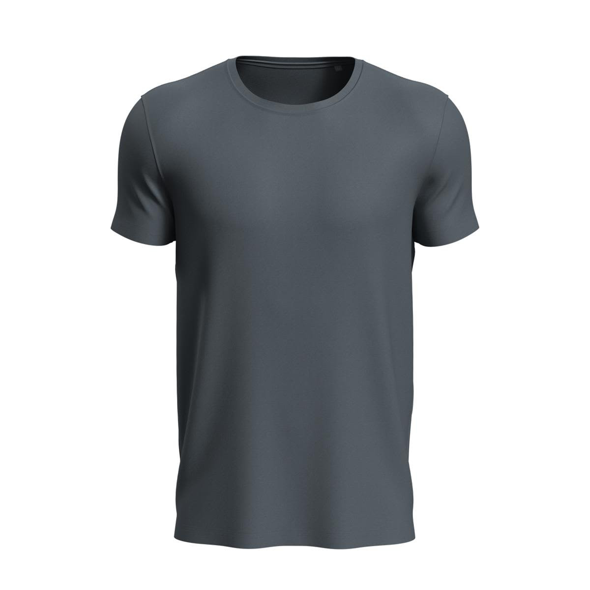 A grey men's active sports t-shirt with short sleeves and a round neckline, featuring a logo.