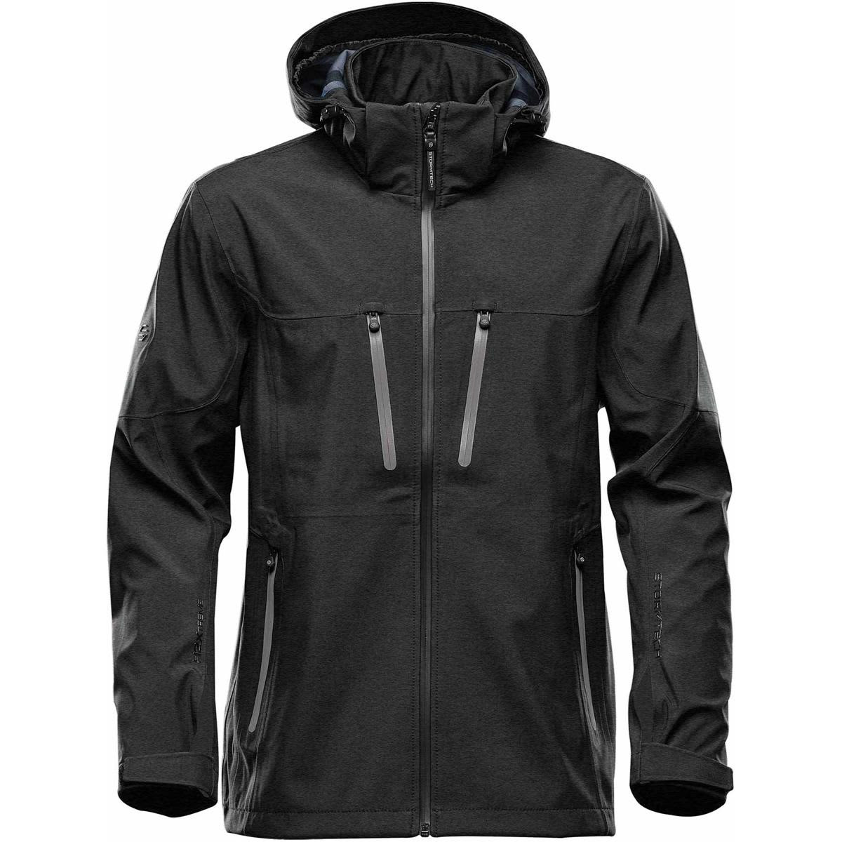 A black softshell jacket features a hood and multiple zippered pockets, with a logo on the sleeve.
