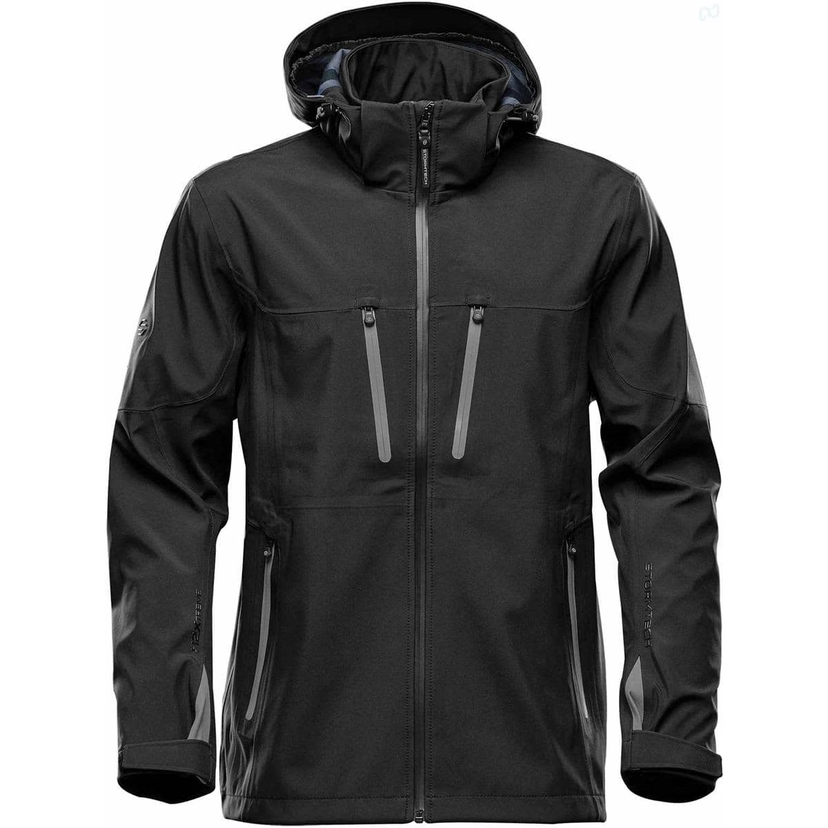 A black softshell jacket with a hood and multiple zippered pockets, featuring a logo on one sleeve.