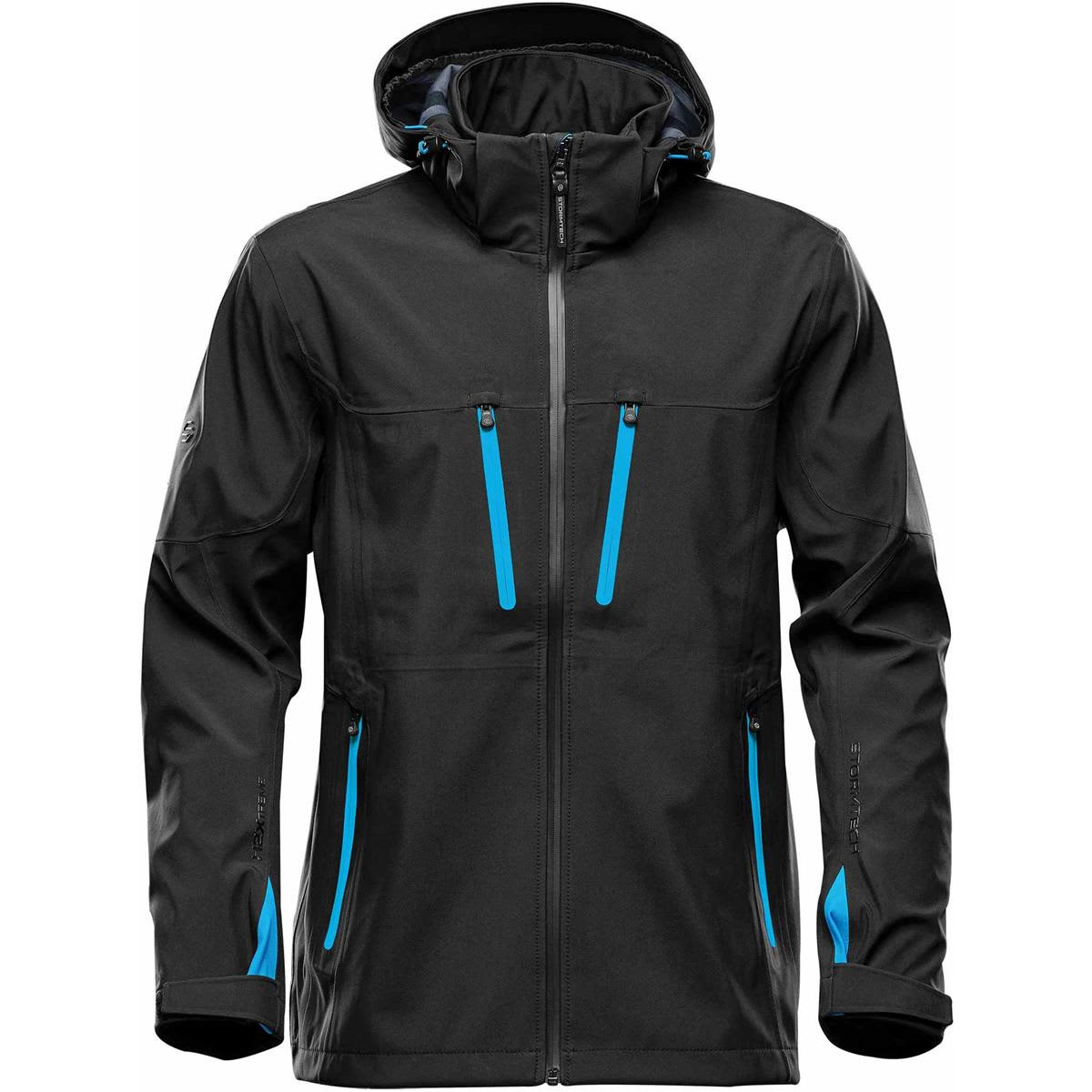 A black softshell jacket with blue zippered pockets and a hood, featuring a logo on one sleeve.