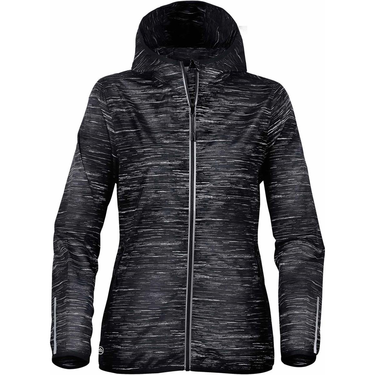 A women's lightweight shell jacket in black and grey with a hood and a zip front. Features a logo on the chest. A women's lightweight shell jacket in black and grey with a hood and a zip front. Features a logo on the chest.