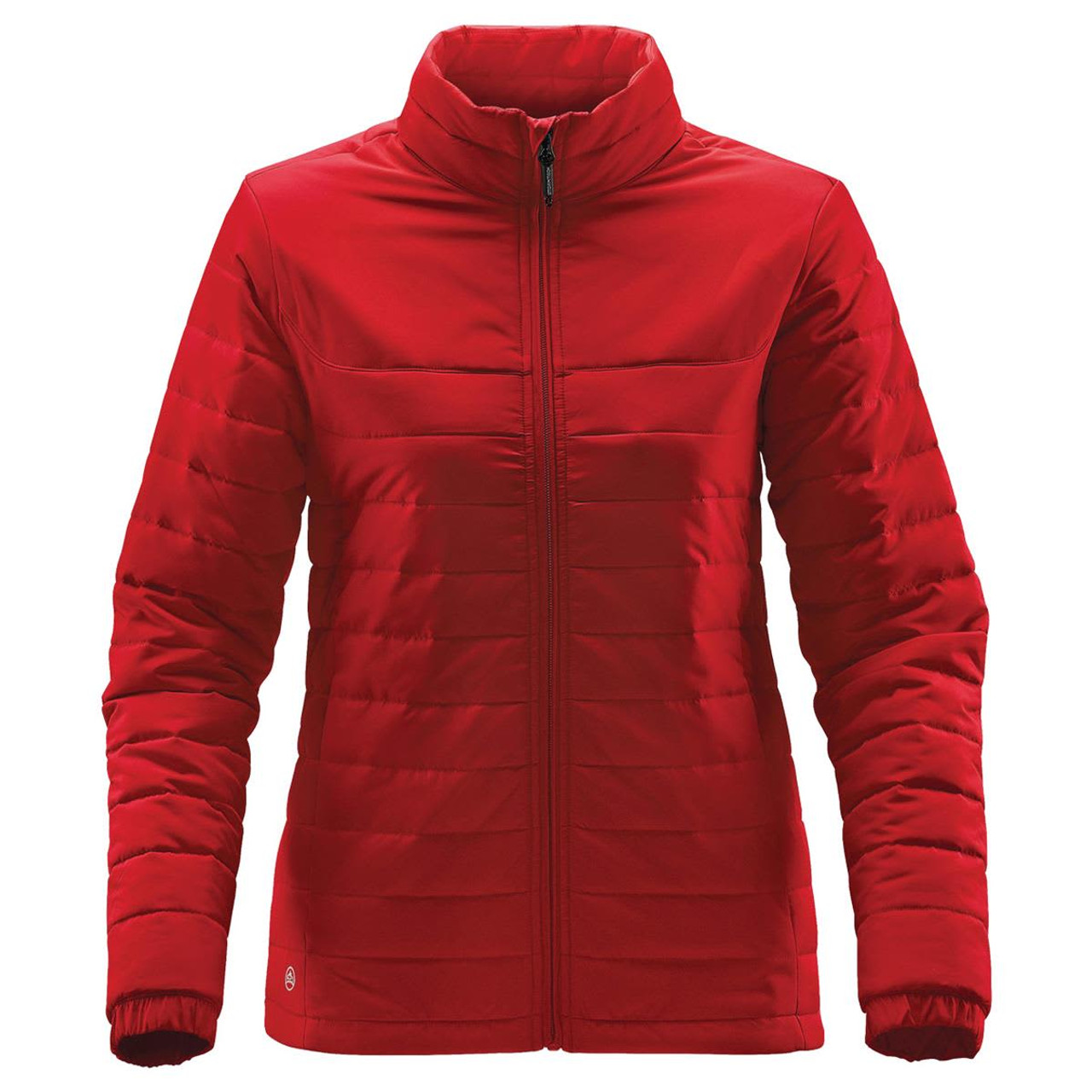 A red women's quilted jacket with a zip front and high collar, featuring a logo on the chest.