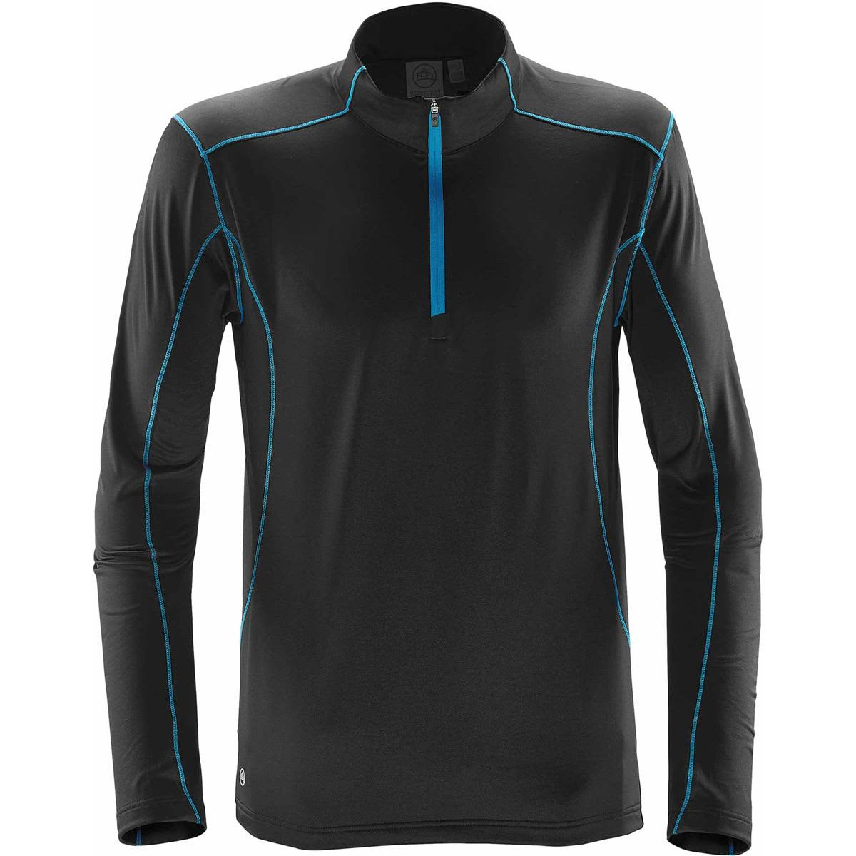 A black men's polar fleece pullover with blue stitching and a zippered collar. It features a logo on the chest.