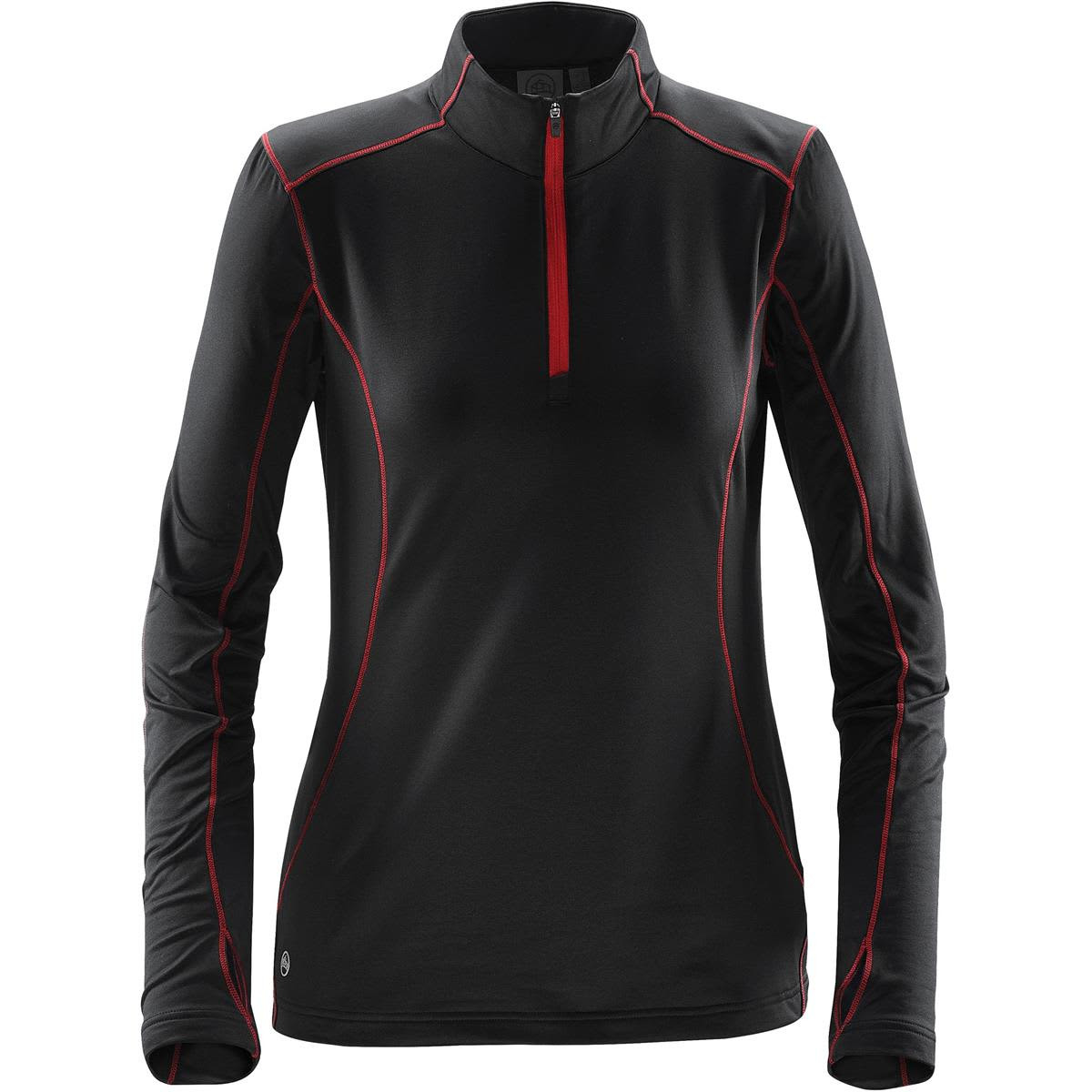 A women's black fleece pullover with red accents and a quarter zip, featuring long sleeves and a logo.