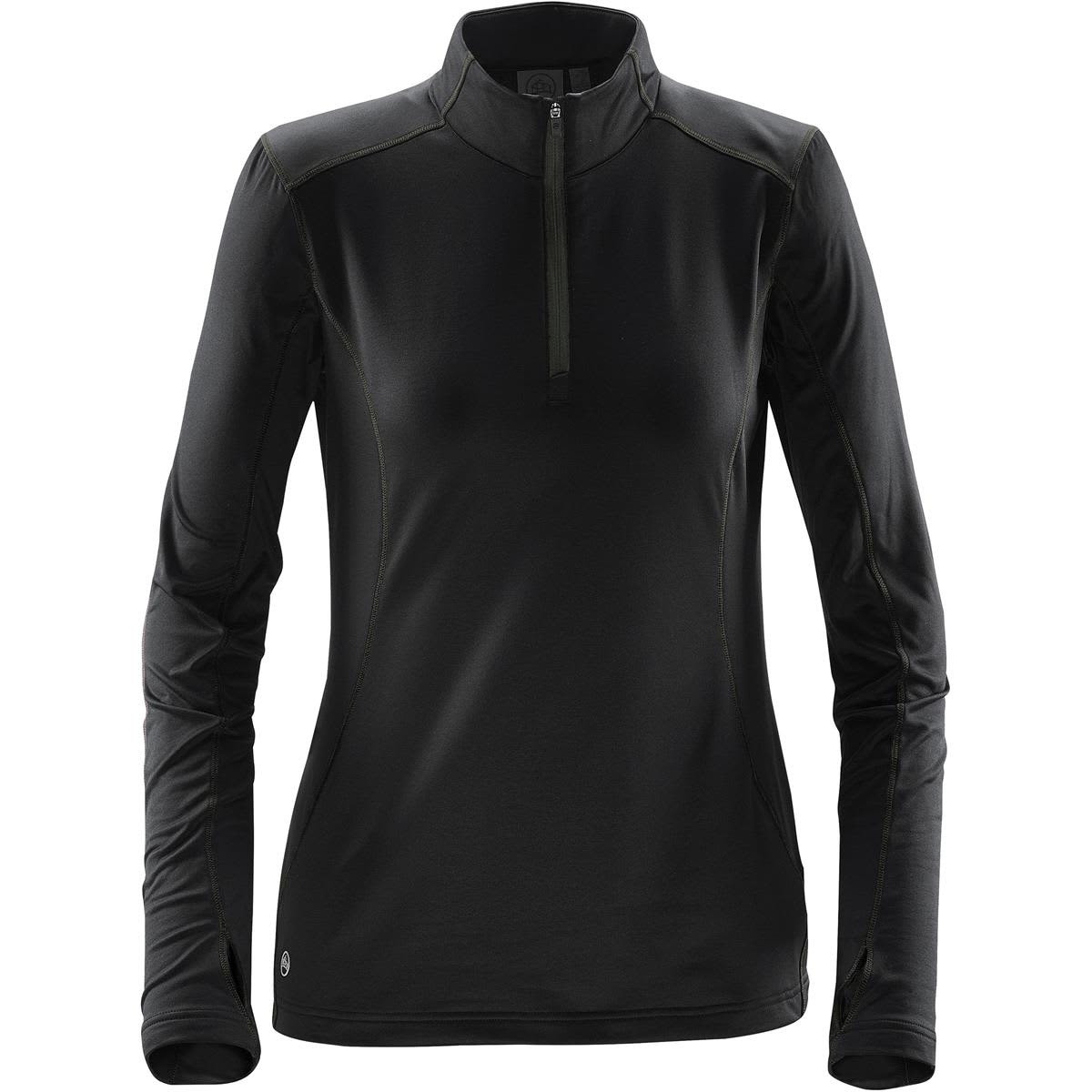 A women's black fleece pullover with a quarter zip and long sleeves, featuring a small logo on the hem.