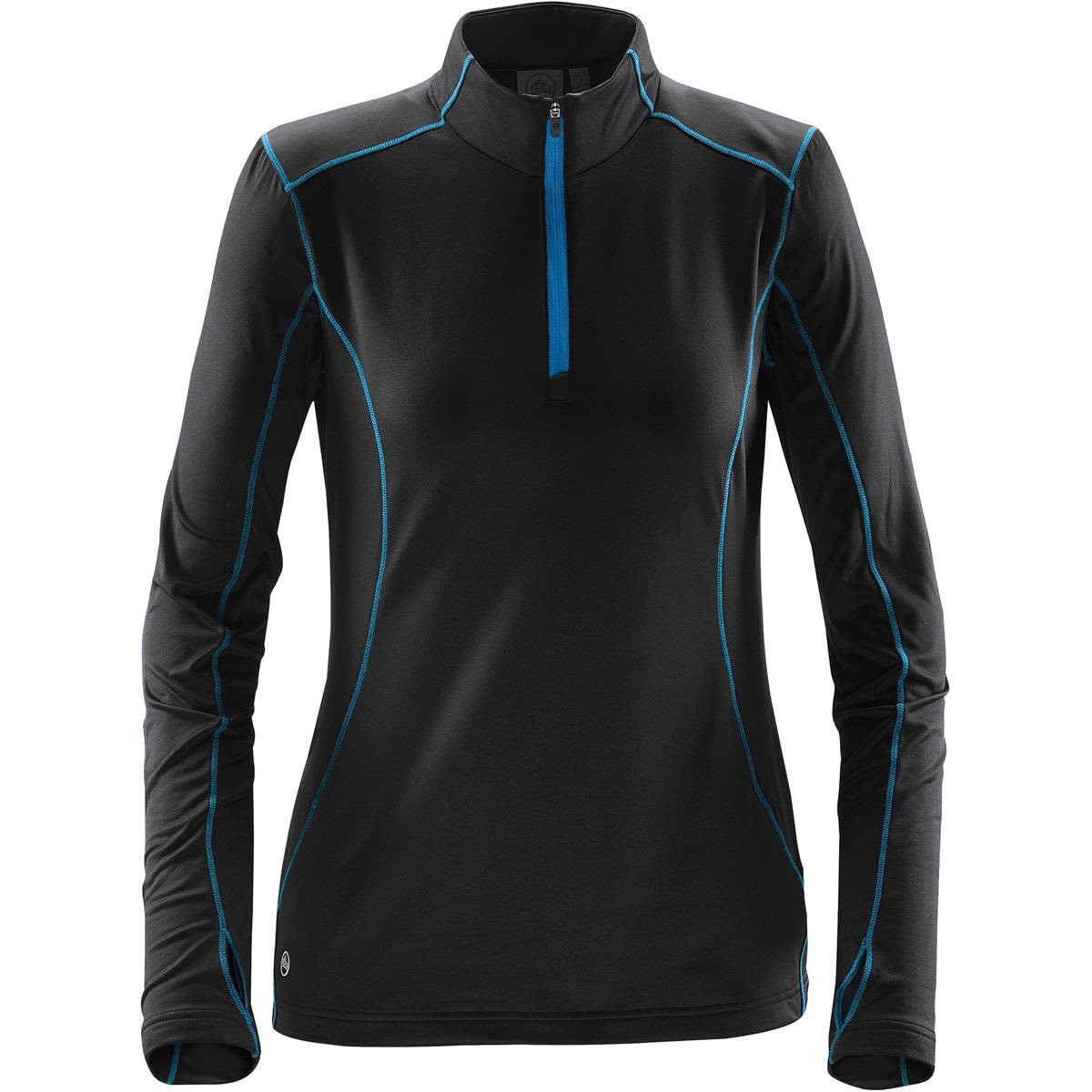 A women's long-sleeve black fleece pullover with blue piping and a zip collar, featuring a logo.