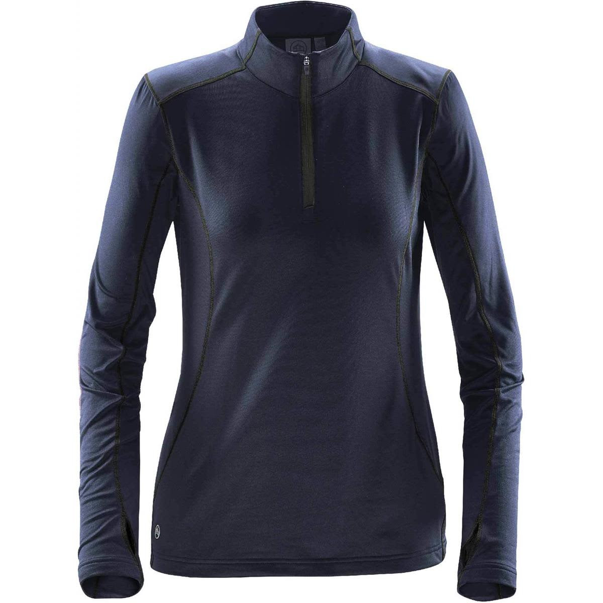A navy women's fleece pullover with a half-zip collar and long sleeves, featuring a logo on the hem.