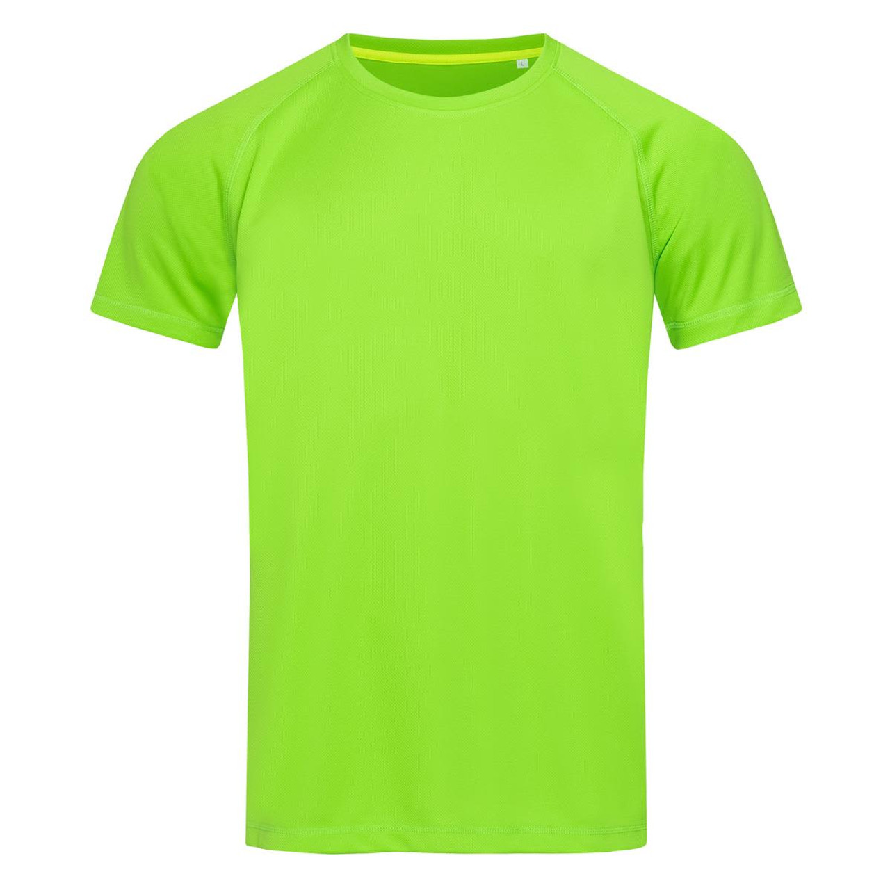 A vibrant lime green men's active T-shirt with a raglan design and short sleeves, featuring a logo. A vibrant lime green men's active T-shirt with a raglan design and short sleeves, featuring a logo.