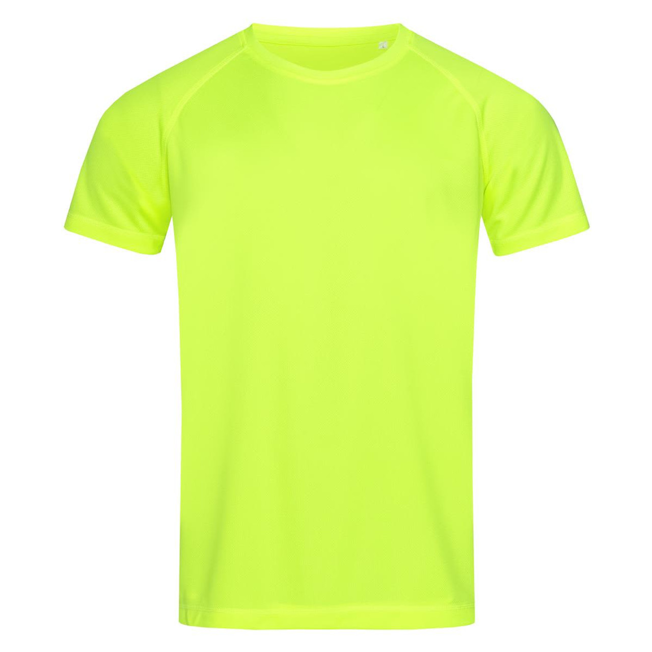 A bright yellow men's active T-shirt with short sleeves and a raglan design. It features a logo on the garment. A bright yellow men's active T-shirt with short sleeves and a raglan design. It features a logo on the garment.